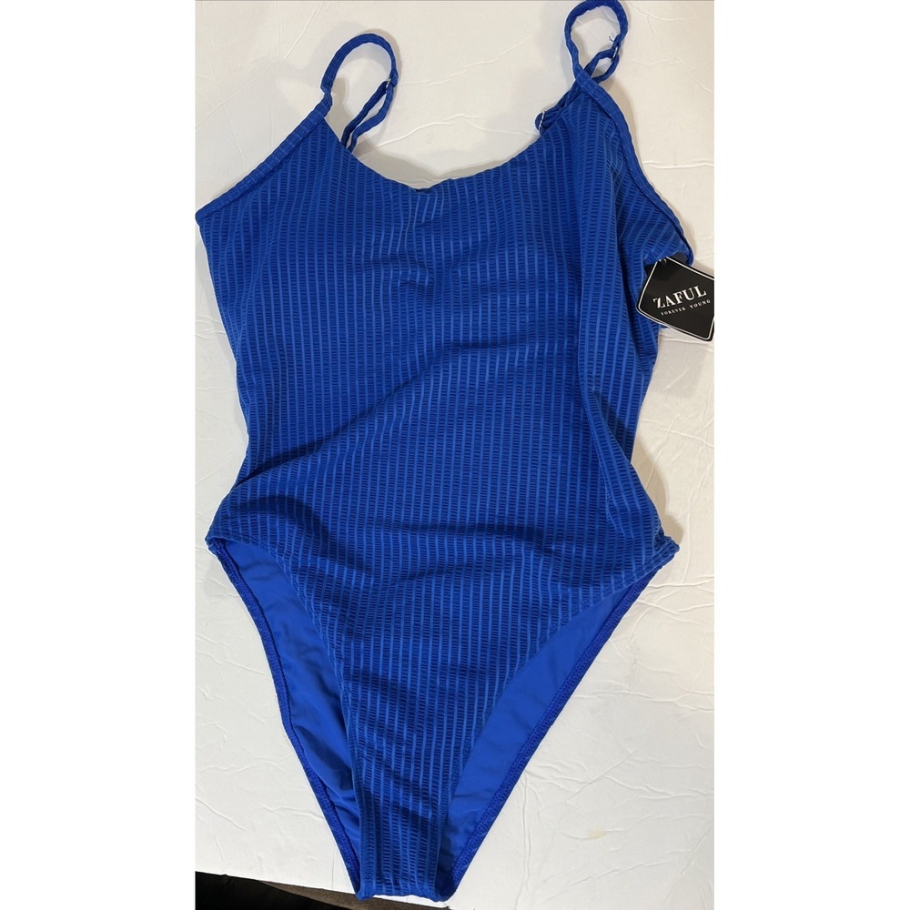 Zaful Forever Young Ribbed LG One Piece  Swimsuit Royal Blue Textured Adj Straps